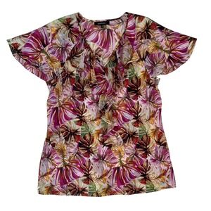 Lafayette 148 Silk Tropical Palm Print V Neck Flutter Short Sleeve Blouse SZ 10